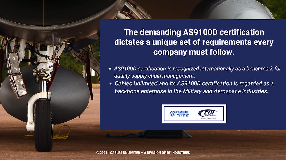 Callout 2 with military jet wheel on ground with text: The demanding AS9100D Certification dictates a unique set of requirements every company must follow with 2 bullet points