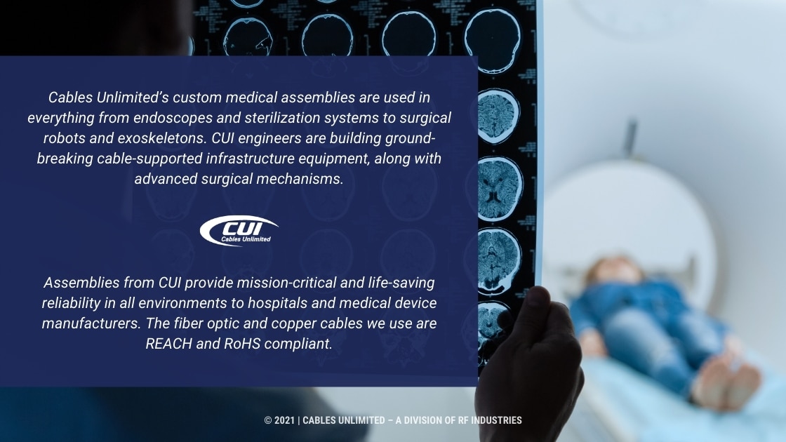 Callout 1- blurred image of patient on MRI machine with Text: Assemblies from CUI provide mission critical and life-saving ..."
