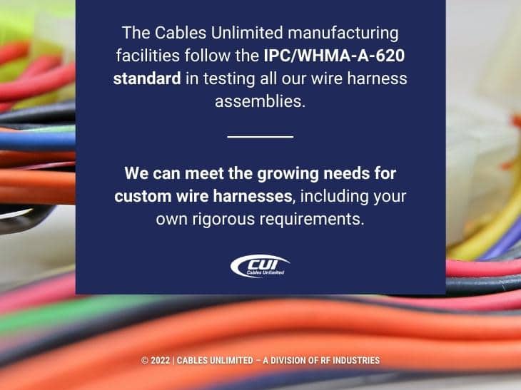 Callout 3- Close-up of wire harness connector - Cables Unlimited manufacturing facilities follow IPC/WHMA - A- 620 standard