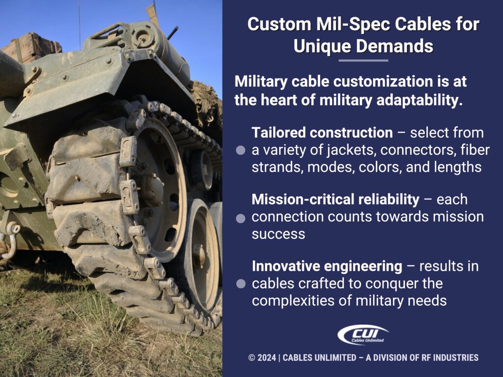 Callout 4: Detail of rear end wheels on battle tank- Custom mil-spec cables for unique demands- 3 features