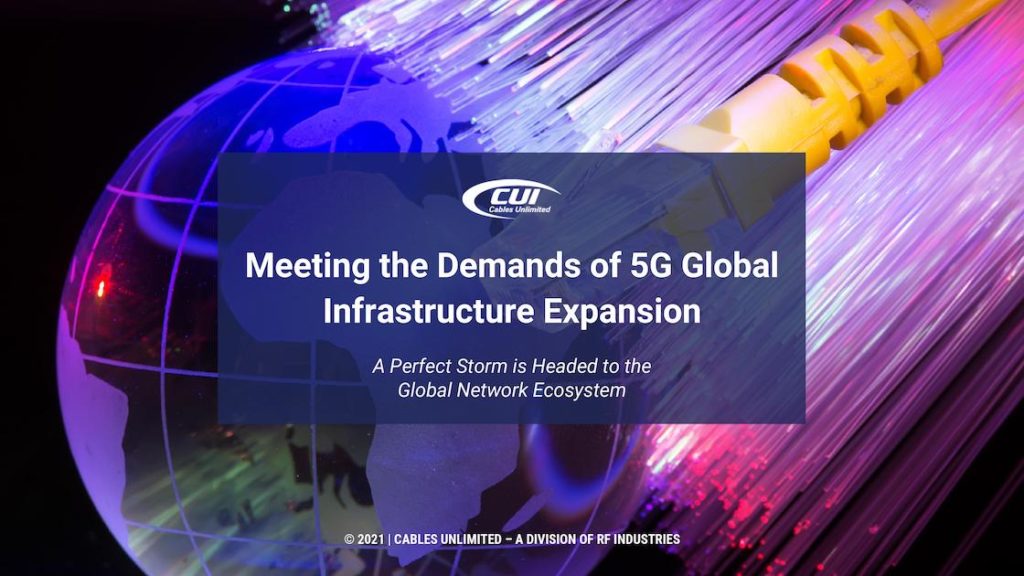 Glass earth with network against fiber optic background with title: Meeting the Demands of 5G Global Infrastructure Expansion