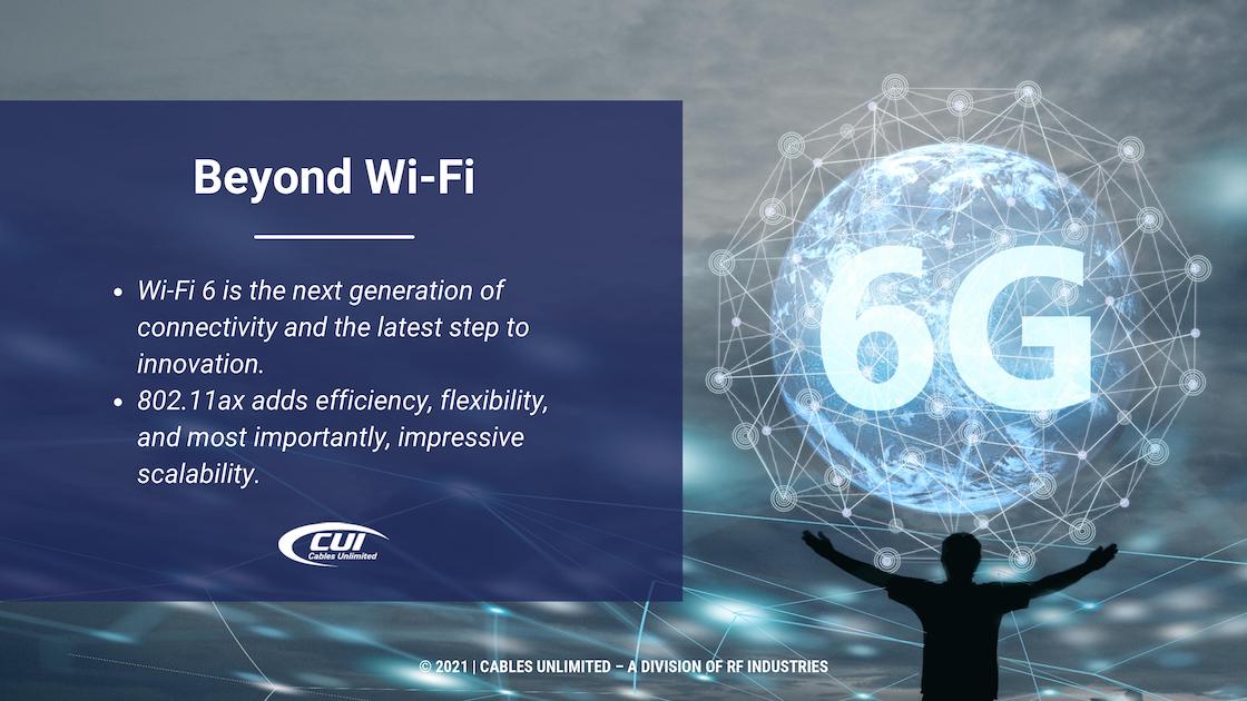 Co1 Man Holding 6G Circle Global Network Connection On Night Sky Text: Beyond Wi-Fi With 2 Bullet Points