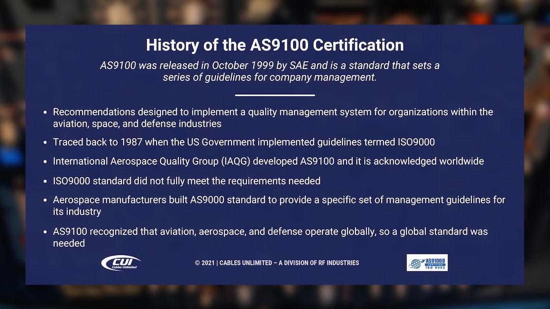 Callout 2- blurred background with Text: History of the AS9100 Certification with 6 bullet points