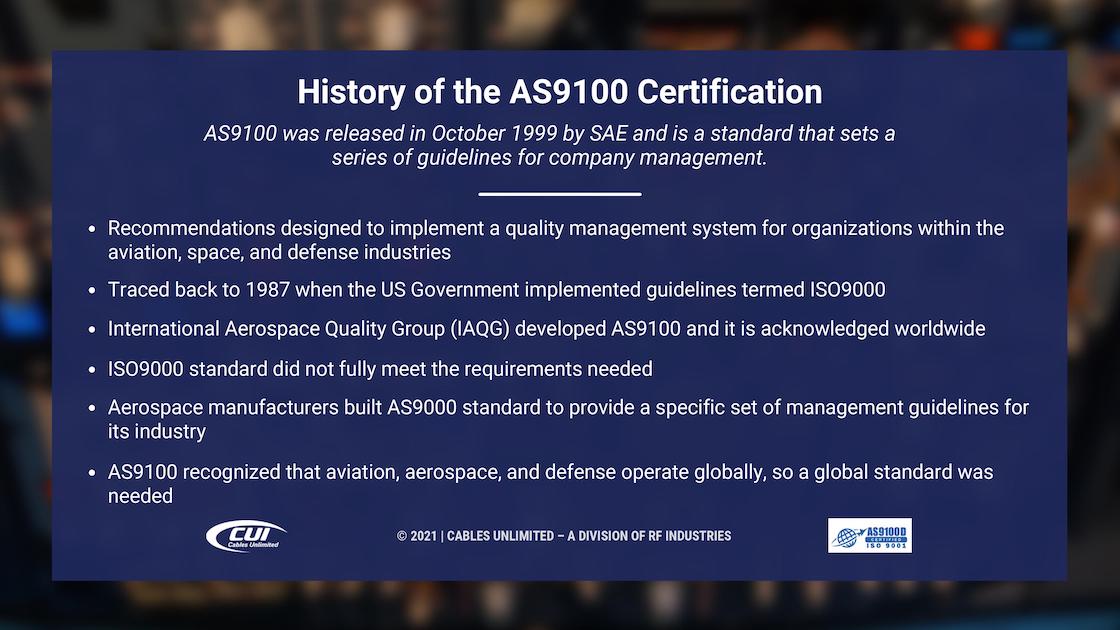 Callout 2- Blurred Background With Text: History Of The As9100 Certification With 6 Bullet Points