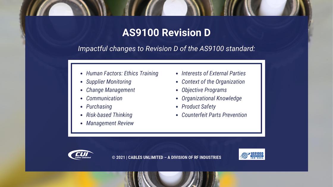 Callout 3- cable connectors background with Text: AS9100 Revision D with 13 bullet points