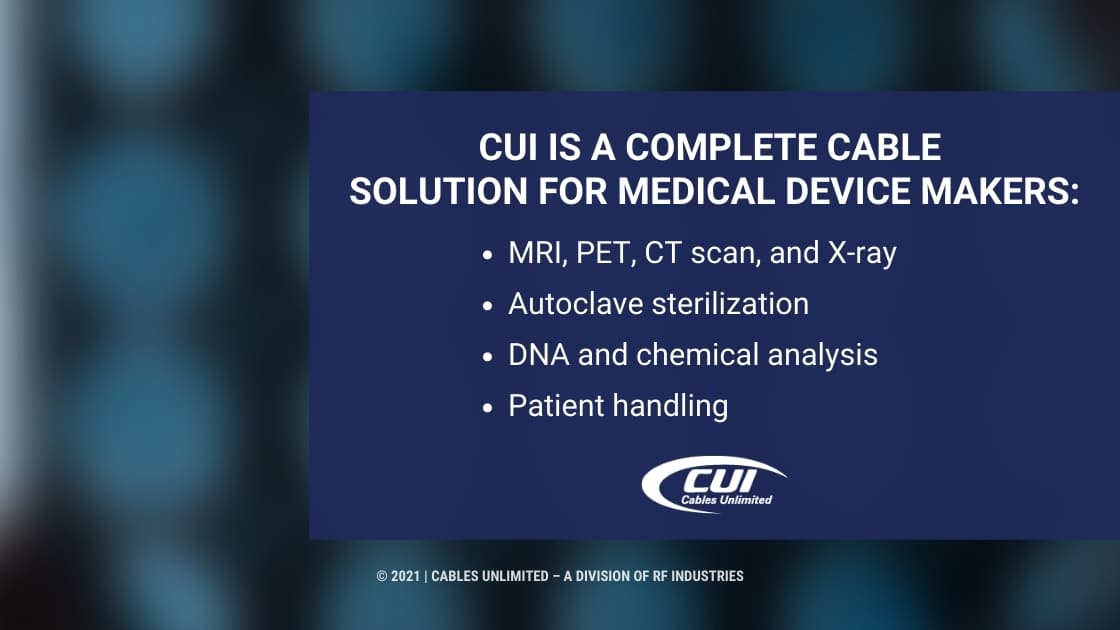 Callout 2- dark blue blurred background with Text: CUI is a complete cable solution for medical device makers
