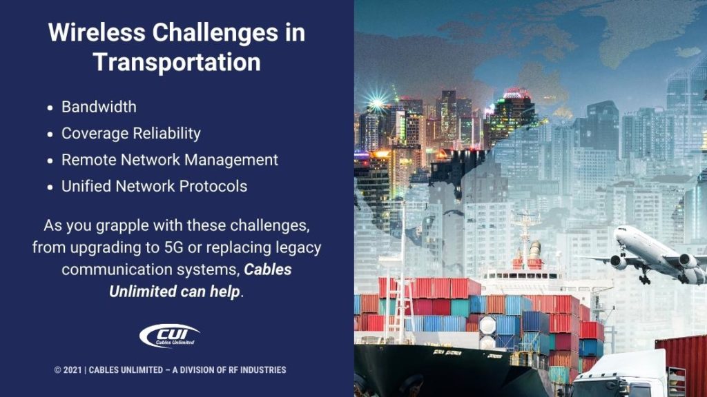Calllout 3-Wireless Challenges in Transportation- four bullet points on blurred side image of global transportation logistics
