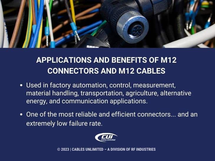 Callout 2: Close-up of M12 connector- Applications and benefits of M12 connectors and M12 cables- 2 bullets listed