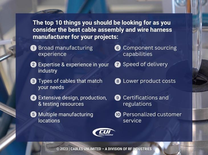 Callout 3: Top 10 things to look for when choosing a cable assembly and wire harness manufacturer- 10 listed