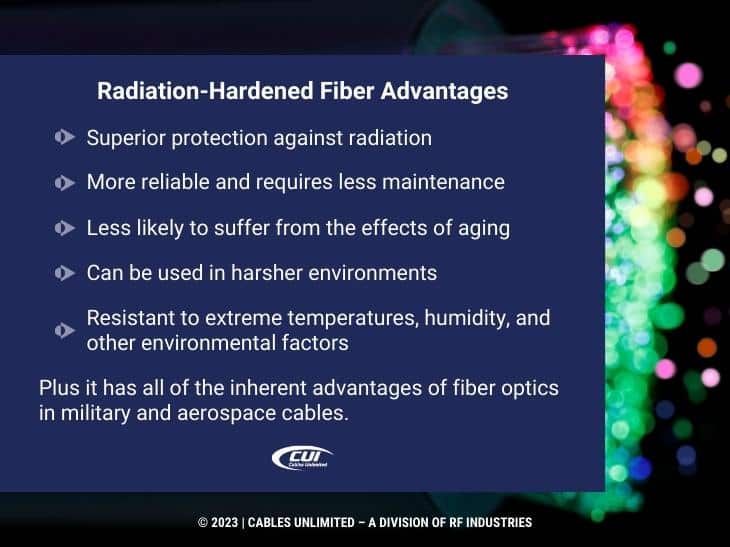 Callout 3: Optic fiber cable with colorful blurred lights- radiation-hardened fiber advantages
