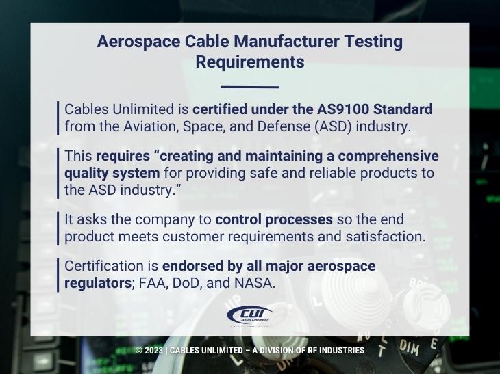 Callout 3: Aerospace cable manufacturing testing requirements - 4 listed.