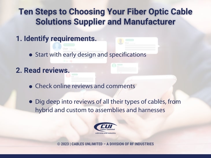 Callout 1: Customer using mobile phone- First two steps to choosing your fiber optic cable solutions supplier and manufacturer- 1- identify requirements, 2- read reviews
