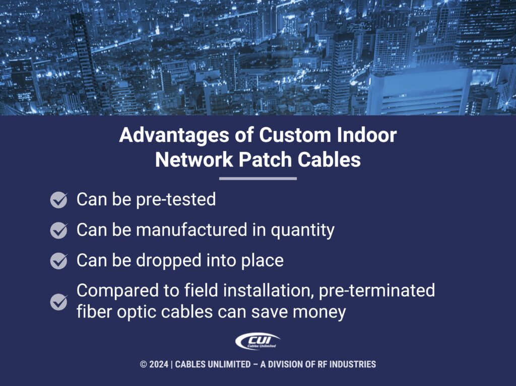 Callout 3: 5G network concept- Advantages of custom indoor patch cables- four listed.