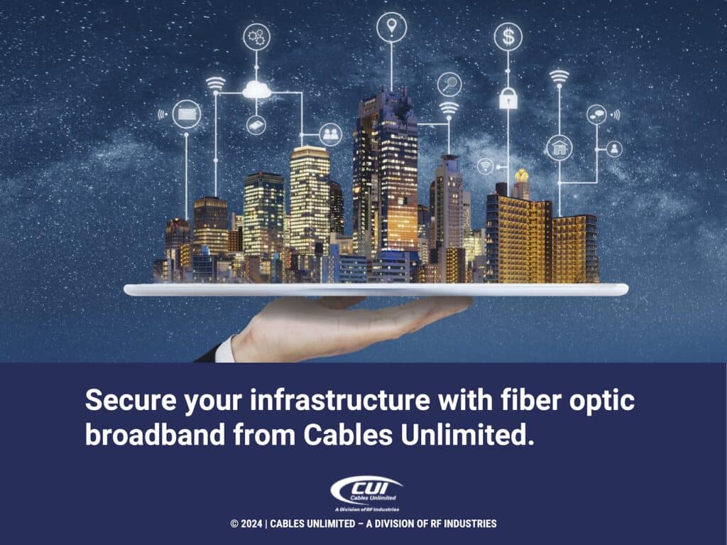 Businessman Holding Digital Tables With Smart City Hologram. Secure Your Future With Fiber Optic Broadband From Cables Unlimited.