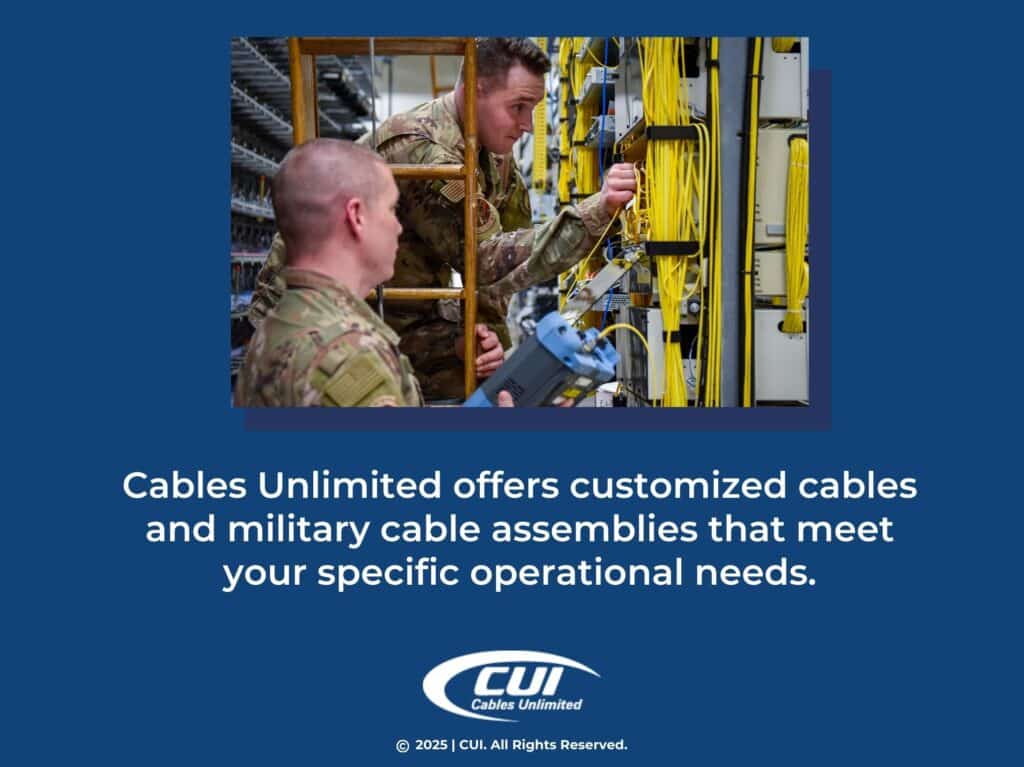 Two Men In Military Uniforms Working On A Server Rack- Cables-Unlimited Offers Customized Cables.