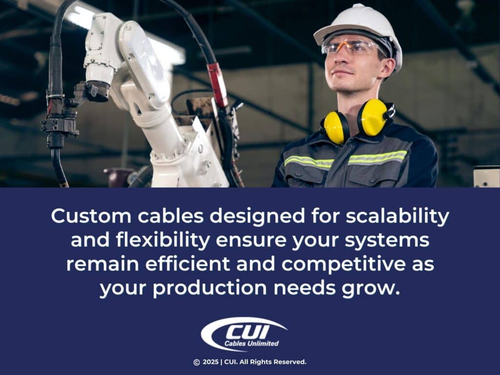 Worker With White Hard Hat On Observing Industrial Equipment- Custom Cables Designed For Scalability &Amp; Flexibility.