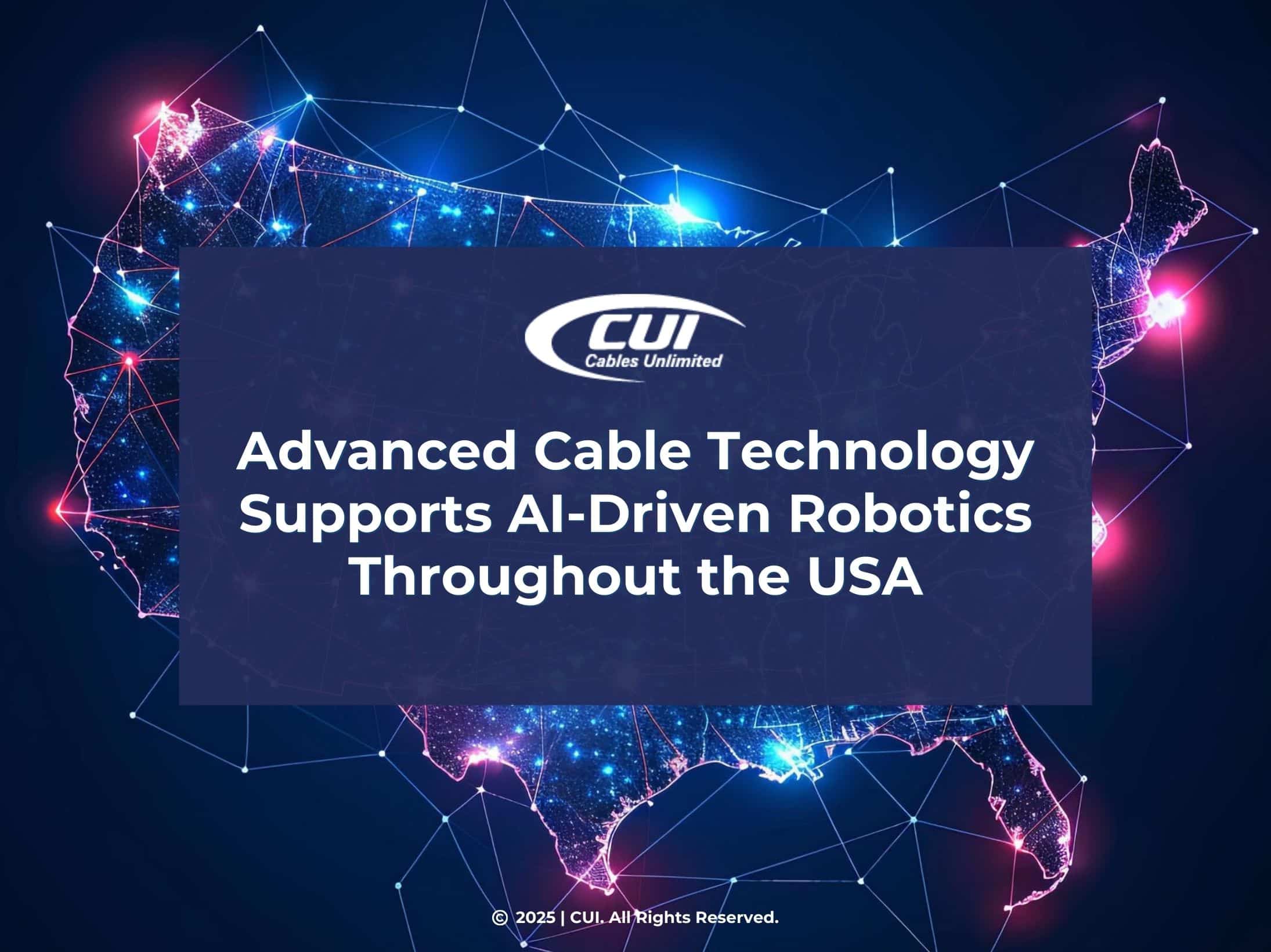 Stylized, Glowing Usa Map- Advanced Cable Technology Supports Ai Driven Robotics Throughout The Usa.