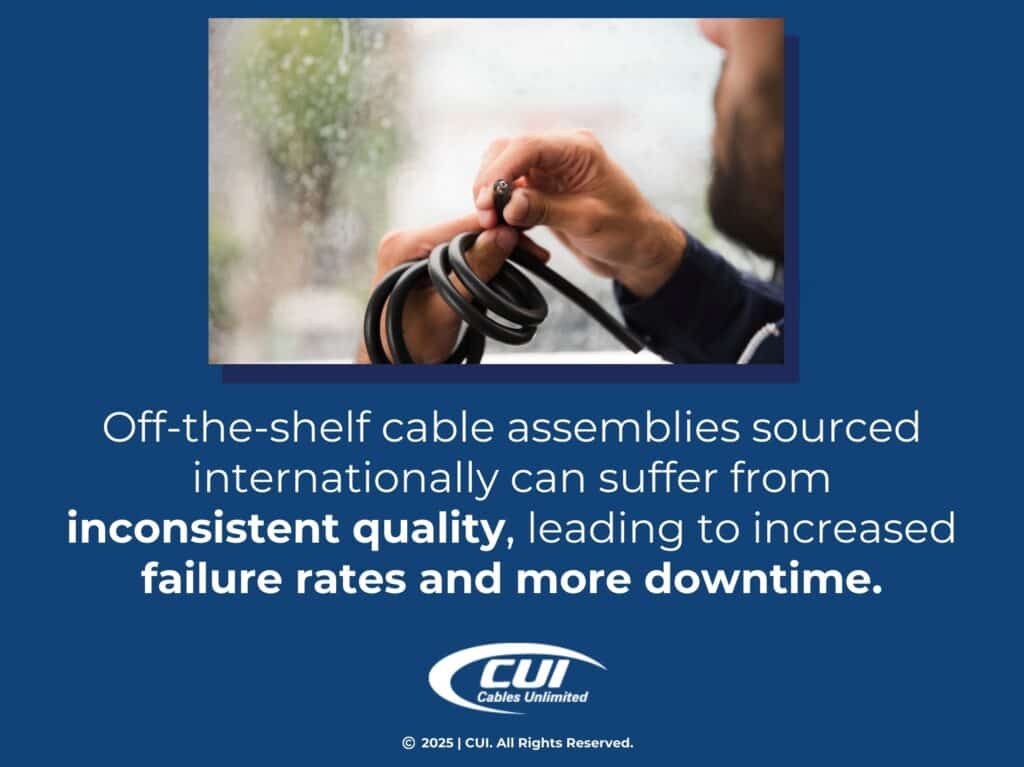 Man Holds And Examines Coiled Black Cable- Quote From Text About Off-The-Shelf Cables Sourced Internationally Suffer From Inconsistent Quality.