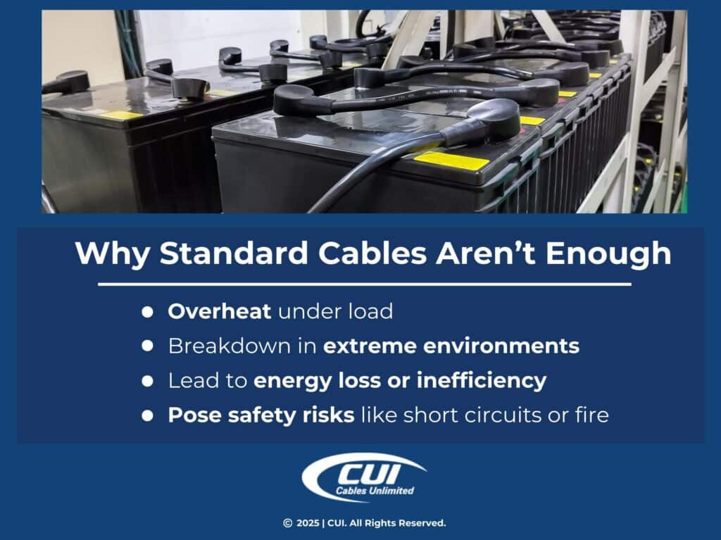 Close-Up View Of Big Black Batteries On Storage Shelf- Four Reasons Why Standard Cables Aren'T Enough.
