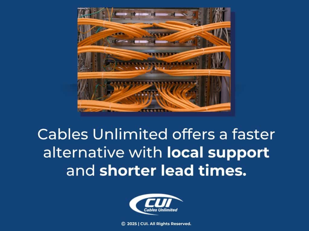 Network Of Orange Cables Organized Within Server Racks- Cables Unlimited Offers A Faster Alternative With Local Support And Shorter Lead Times.