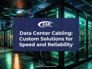 Featured: Data center with rows of illuminated server racks- Data Center Cabling: Custom Solutions for Speed and Reliability.