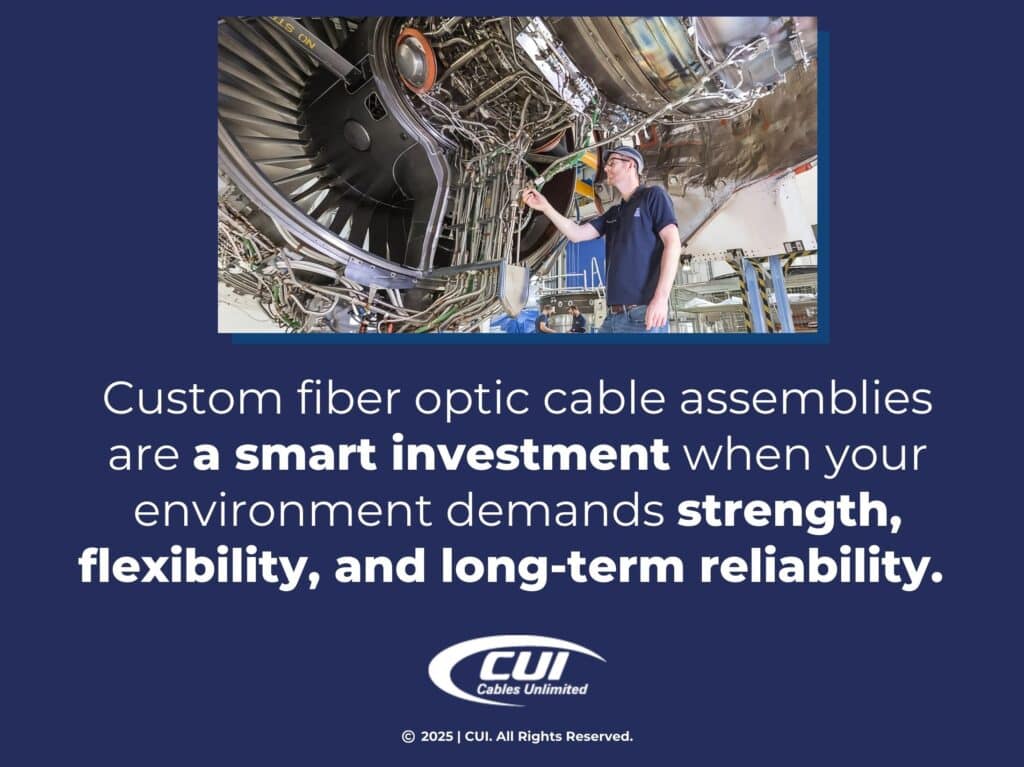 Tech examines wiring of large aircraft jet engine- custom fiber optic cables offer strength, flexibility and reliability.