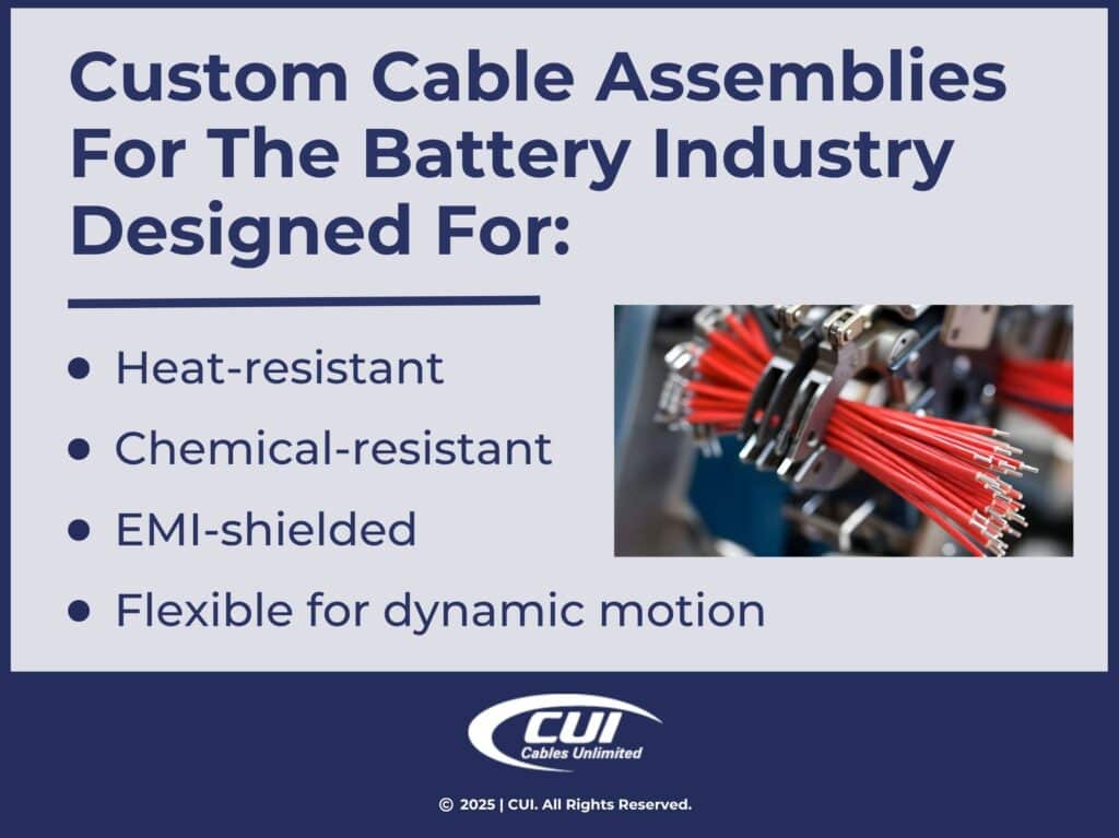 Close-Up Of Red Electrical Wires With Metal Pin Terminals- Custom Cable Assemblies For Battery Industry Must Meet 4 Factors.