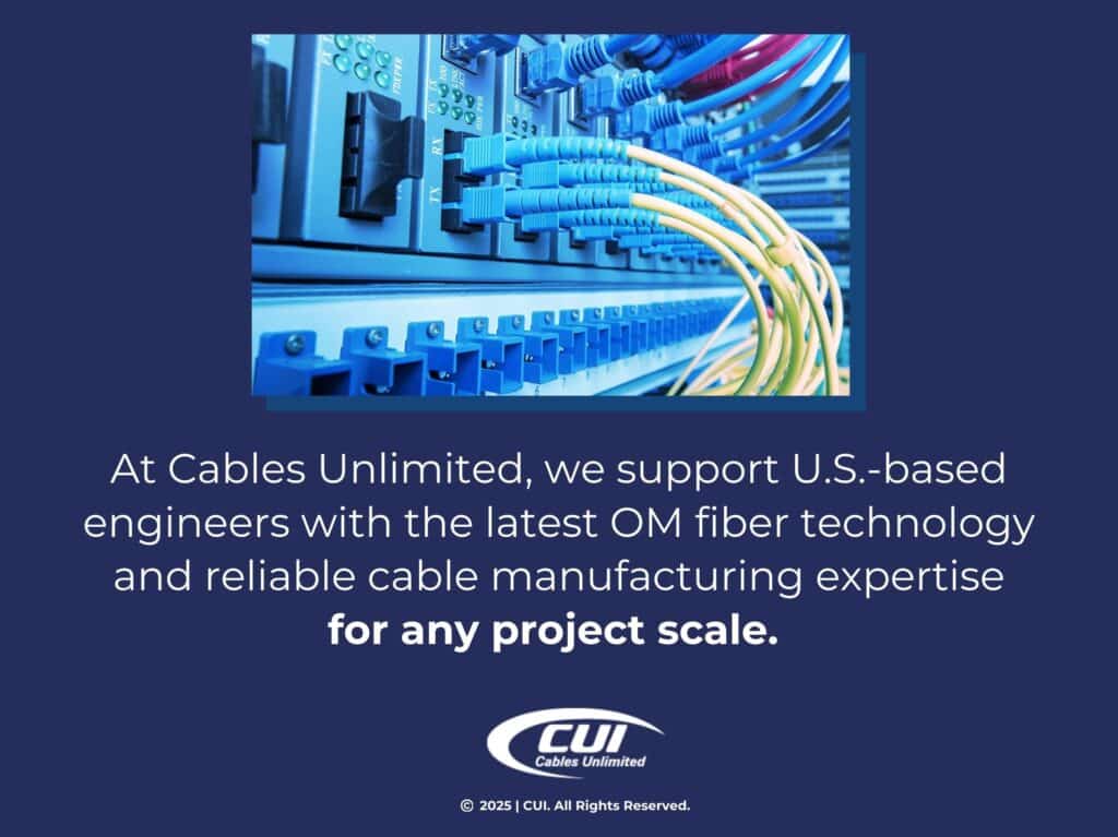 Cables Connected To Network Equipment- Cables Unlimited Uses Latest Om Fiber Technology.