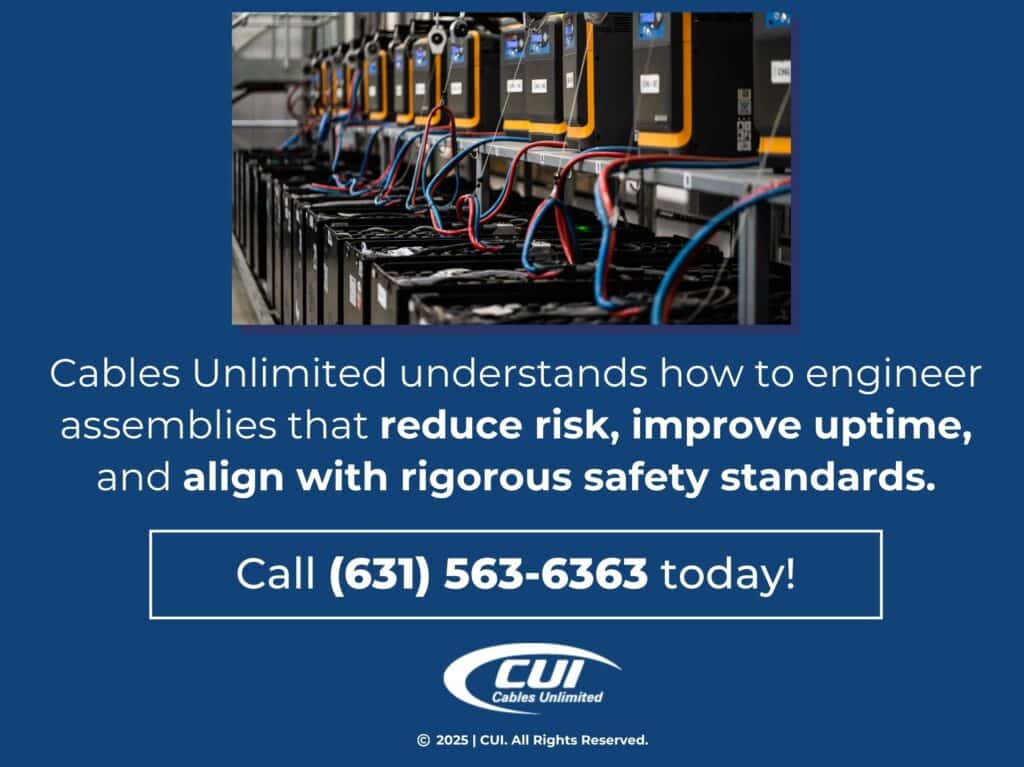 Row Of Industrial Battery Chargers Connected To Large Batteries- Cables Unlimited Phone Number.