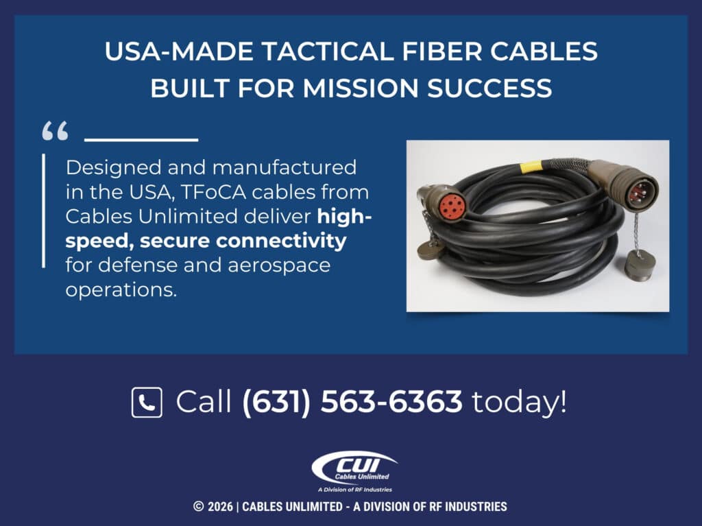 Black Fiber-Optic Cable With Military-Style Connectors. Quote From Text About Tfoca Cables From Cables Unlimited.