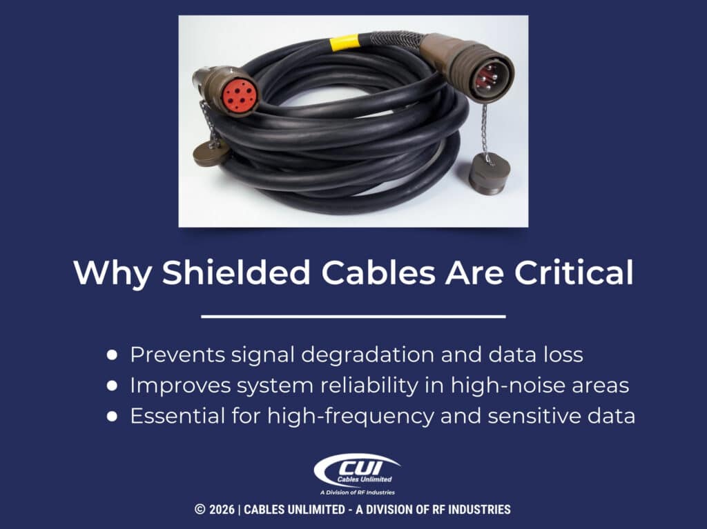Thick Black Industrial Cable With Large Multipin Connectors. Three Reasons Shielded Cables Are Critical.