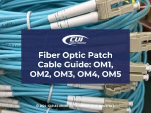 Coiled light blue fiber optic cables- Fiber Optic Patch Cable Guide. OM1-OM5.