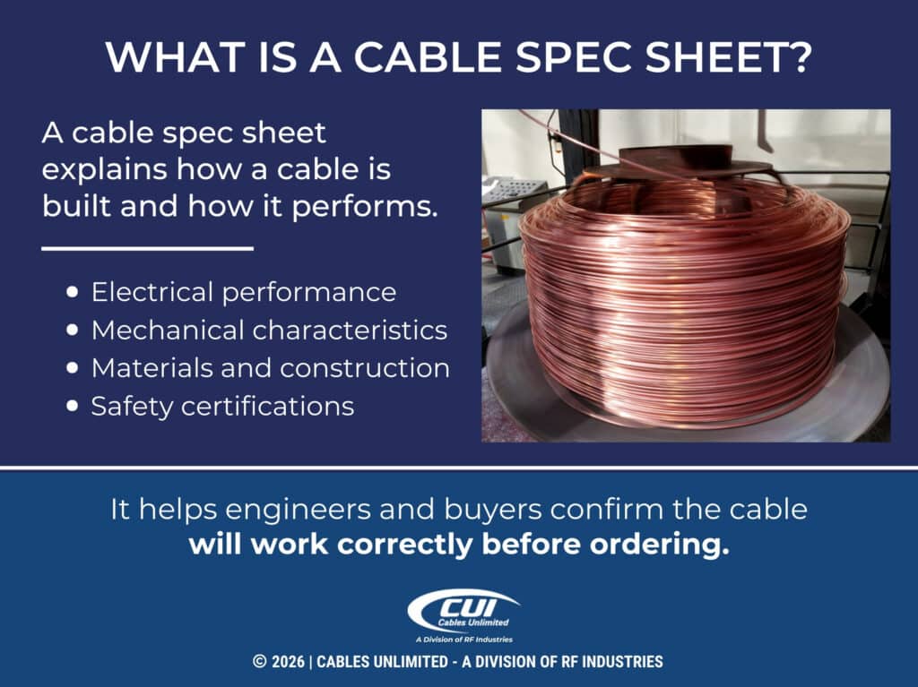 Large Spool Of Copper Wire In Industrial Setting. Key Elements Of A Cable Spec Sheet Listed.
