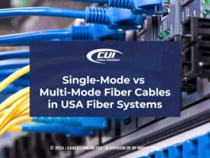 Blue and yellow cables plugged into a network. Article title.