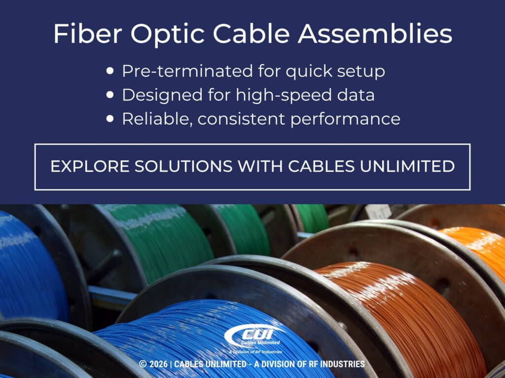 Large Spools Of Colored Cable In Industrial Setting. Three Benefits Of A Fiber Optic Cable Assembly.