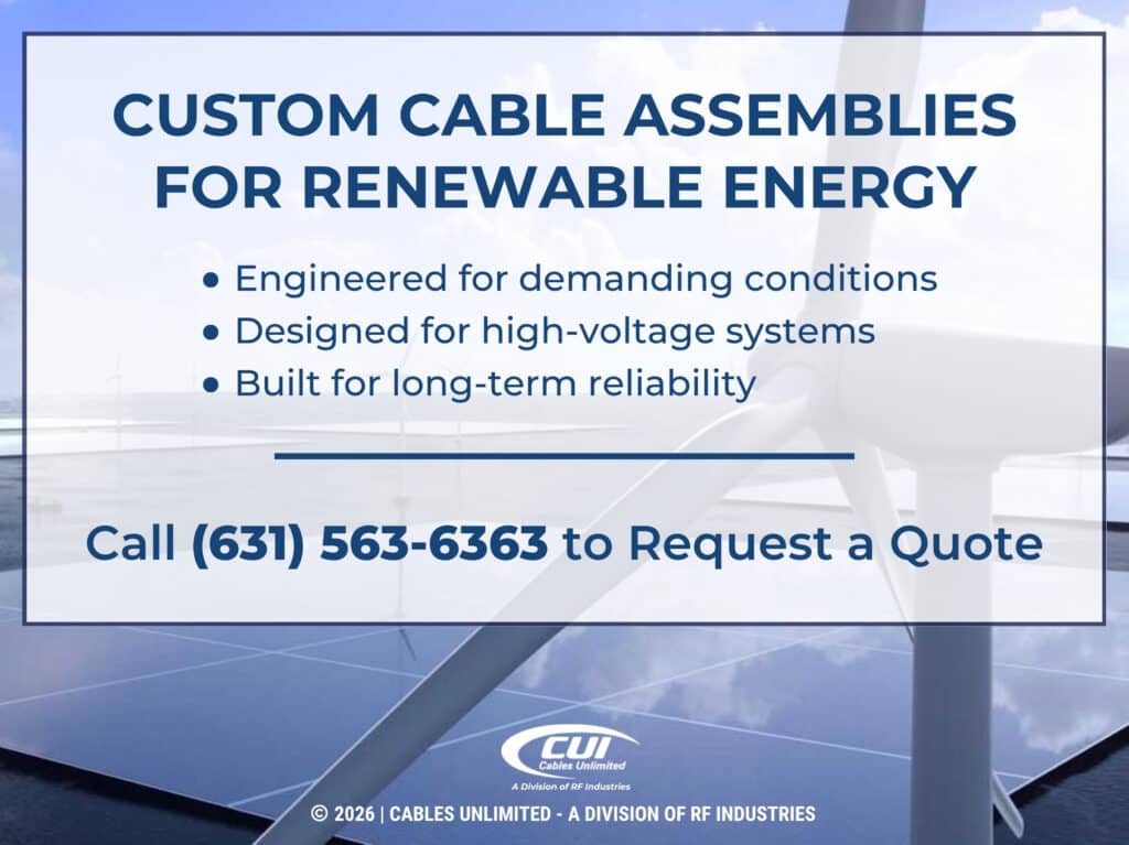 Wind Turbines Standing Near Solar Panel Field. Three Benefits Of Custom Cable Assemblies For Renewable Energy.