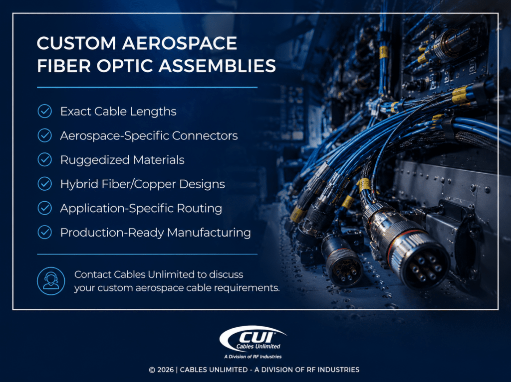 Close-Up View Of Rugged Aerospace Fiber Optic &Amp; Electrical Cable Assemblies. Six Benefits Of Custom Aerospace Fiber Optic Assemblies.