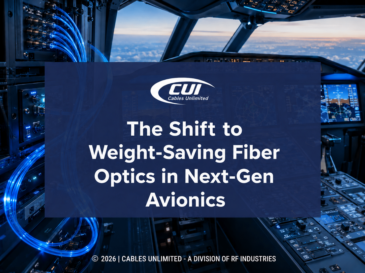 Aircraft Cockpit Equipped With Advanced Fiber Optic Cabling. The Shift To Weight-Saving Fiber Optics In Next-Gen Avionics. Title.