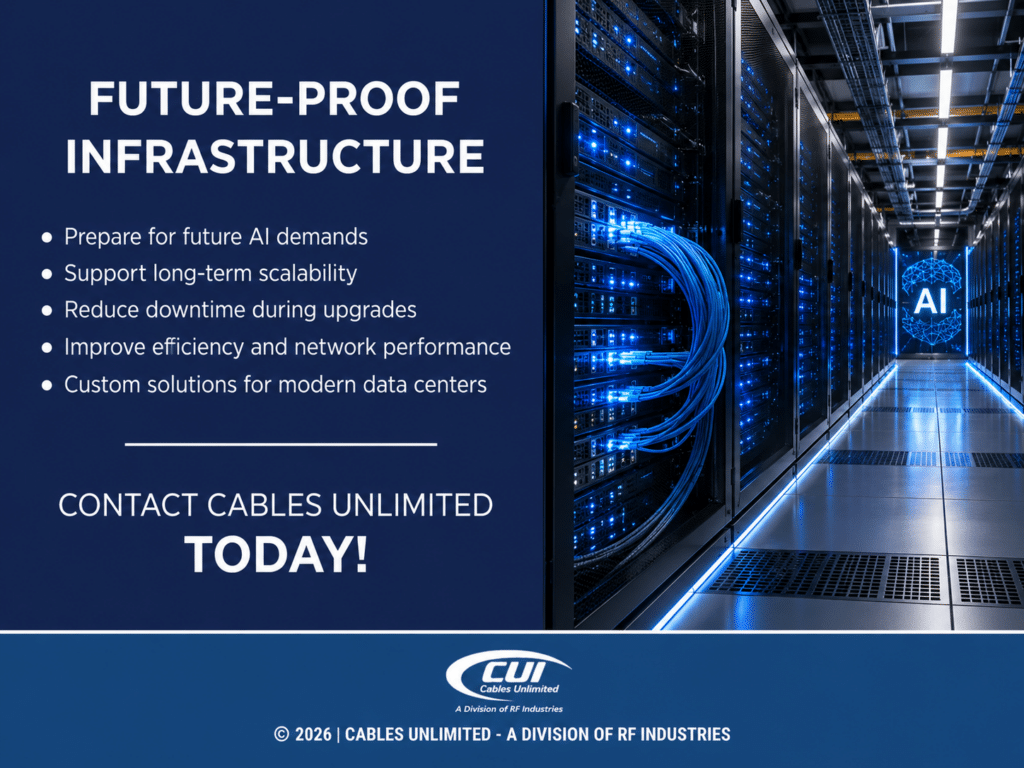 Ai-Focused Data Center Corridor With Glowing Server Racks And Ai Symbol In Distance. 5 Ways To Future-Proof Infrastructure.