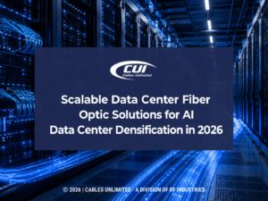 Futuristic AI data center with blue fiber optic cables, sever racks. Scalable Data Center Fiber Optic Solutions for AI Data Center Densification in 2026. Blog title.