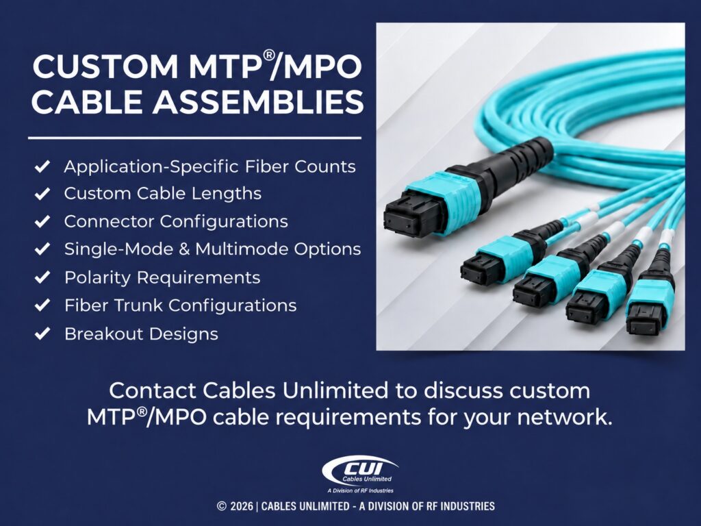 Mtp®/Mpo Trunk Cable Branching Into Multiple Fiber Optic Connectors. Custom Mtp/Mpo Cable Assemblies Requirements. 7 Listed.