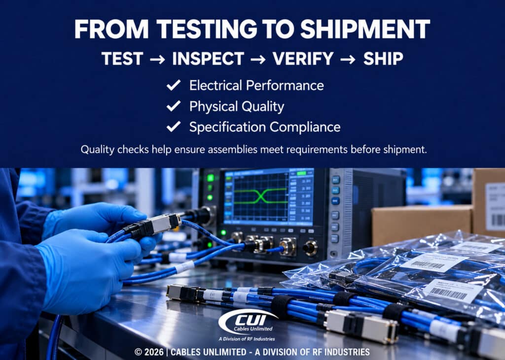Cable Assembly Tech Verifies Electrical Performance Before Shipment. Quality Check Process From Testing To Shipment Of Cable Assemblies.