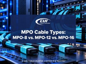 3 MPO fiber optic connectors displayed with network equipment. MPO Cable Types: MPO-8 vs. MPO-12 vs. MPO- 16. Blog title.